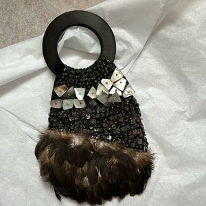 Vintage black lip mother of pearl feather small purse  bag lucite handle